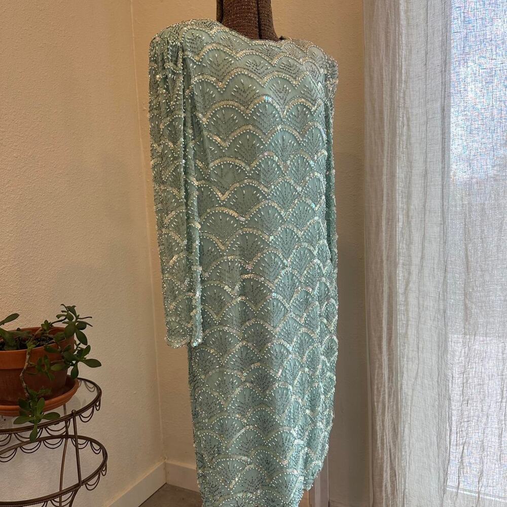 Lime Nite Women’s 16 Dress Aqua Beaded Silk Vintage 1980s NYE Formal Art Deco